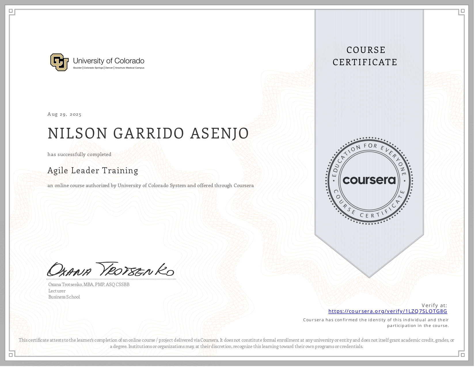 Certificado Agile Leader Training