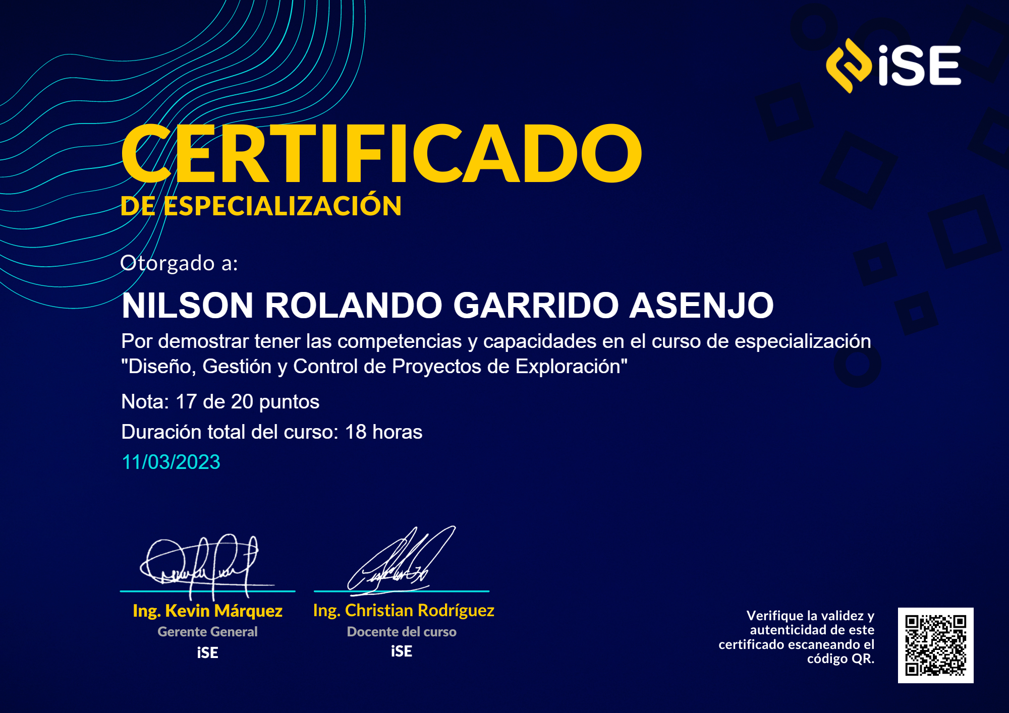 Certificado Diseño, Gestión y Control de Proyectos de Exploración
