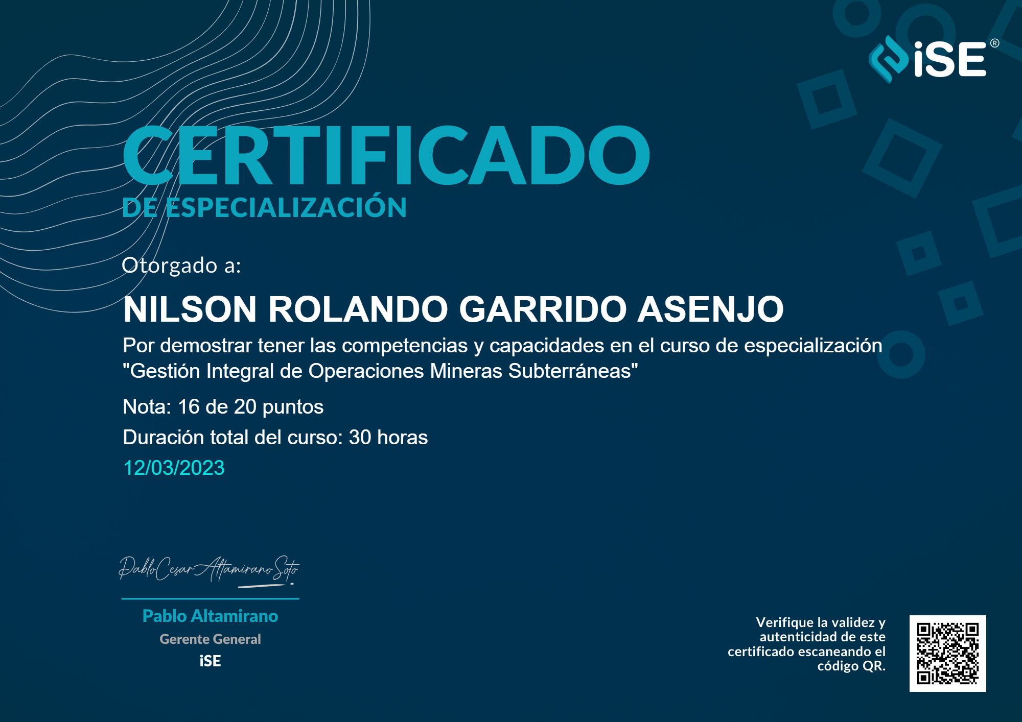 Certificado Gestión Integral de Operaciones Mineras Subterráneas