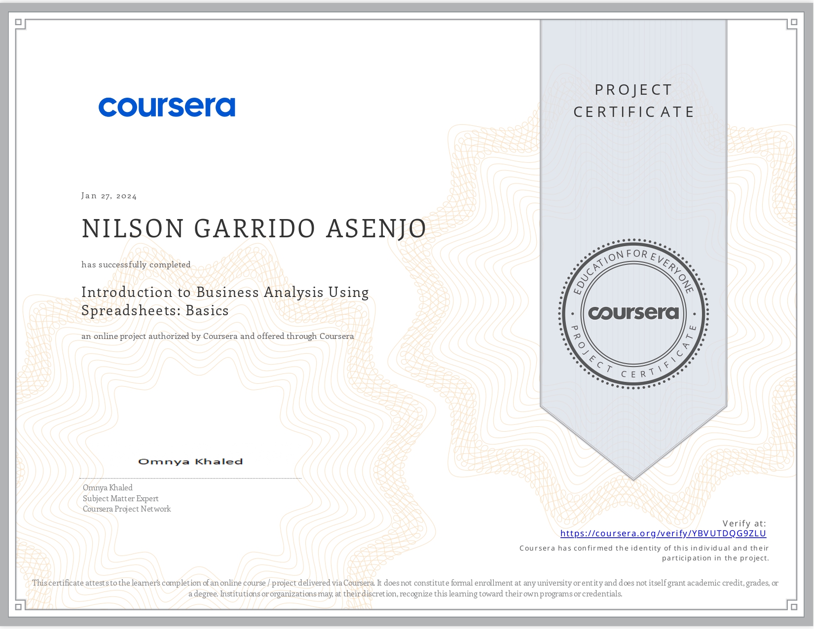 Certificado Introduction to Business Analysis Using Spreadsheets
