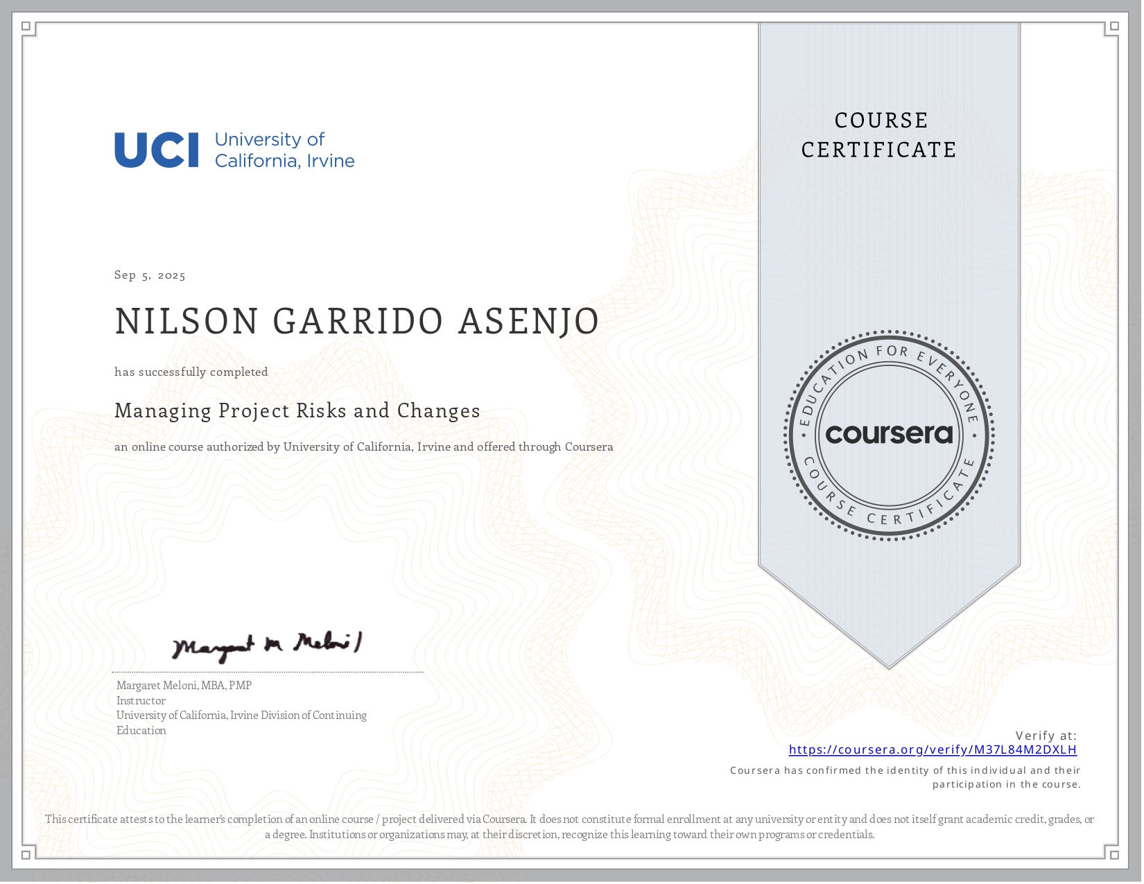 Certificado Managing Project Risks and Changes
