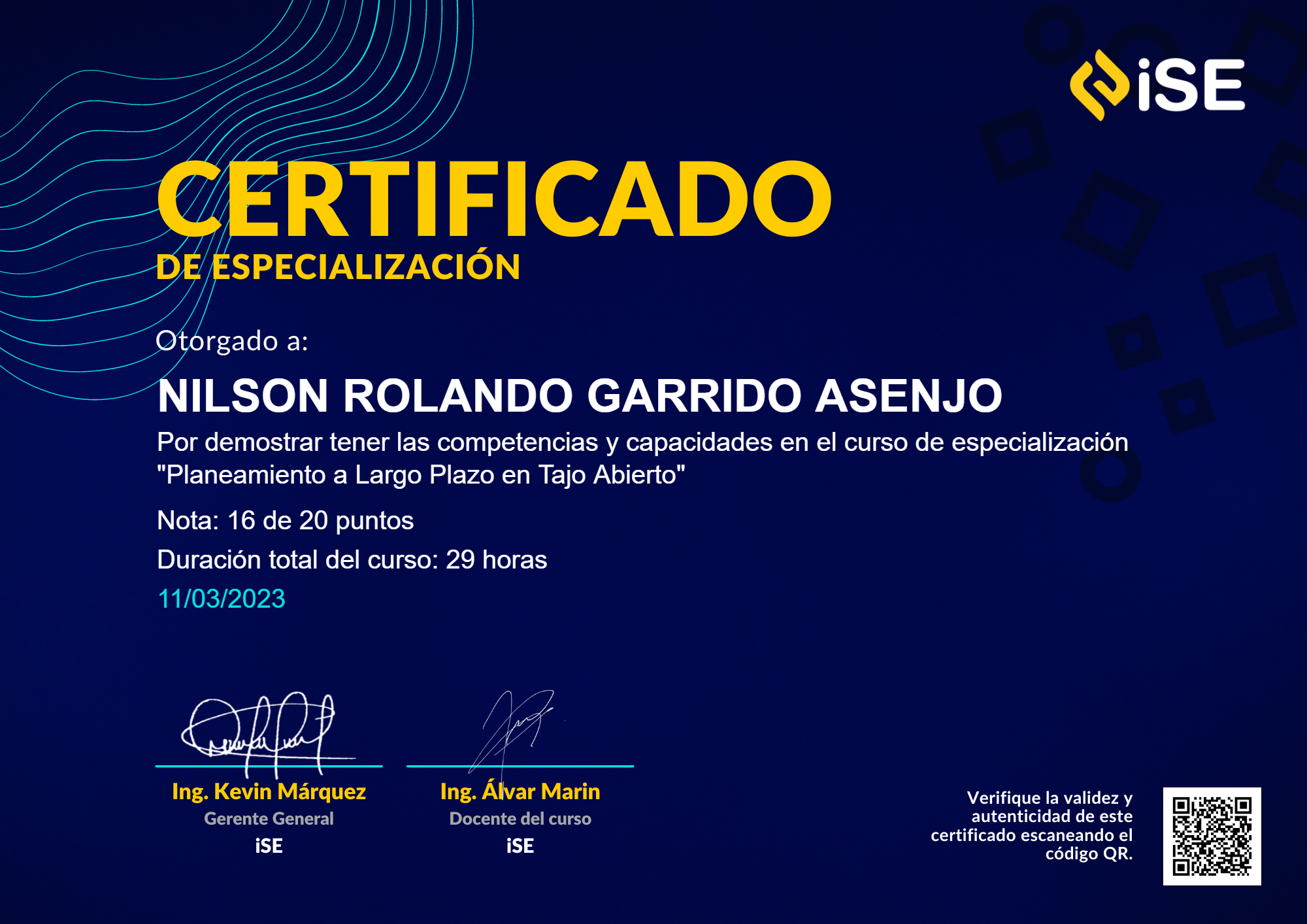 Certificado Planeamiento a Largo Plazo en Tajo Abierto