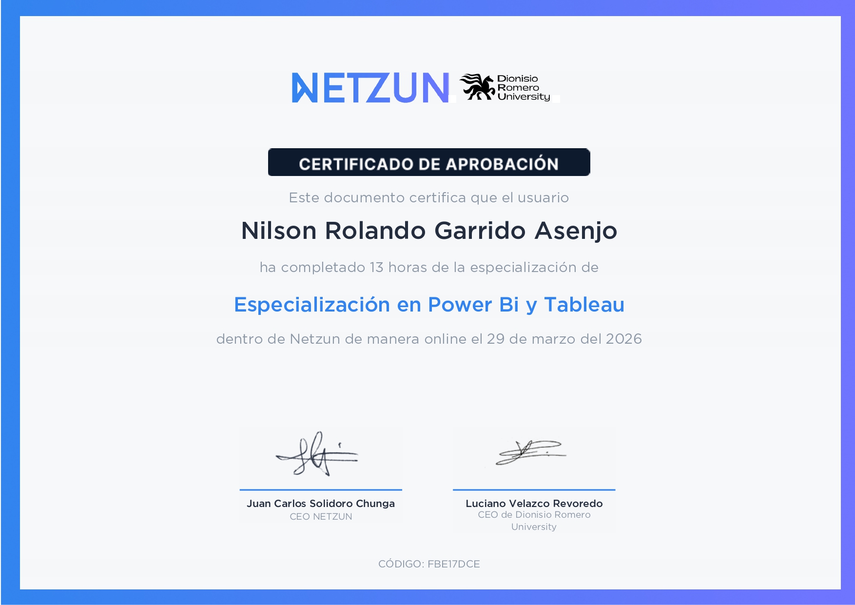 Certificado Especialización en Power BI y Tableau