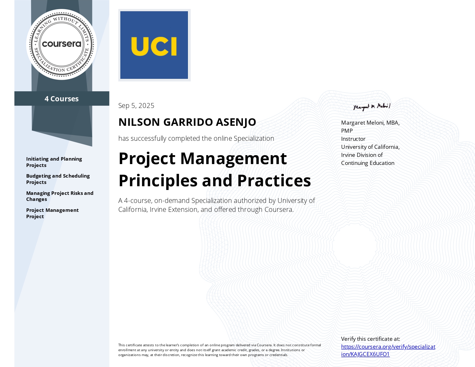 Certificado Project Management Principles and Practices
