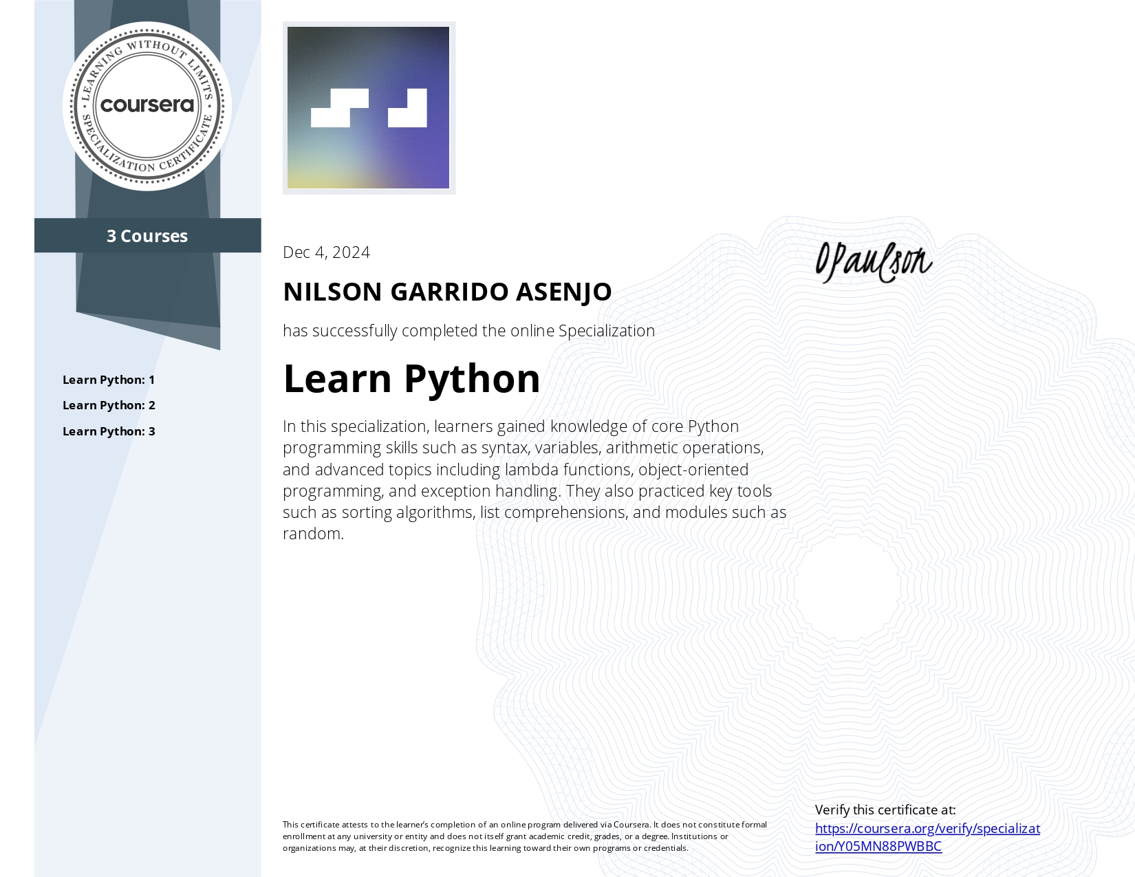 Certificado Python Specialization