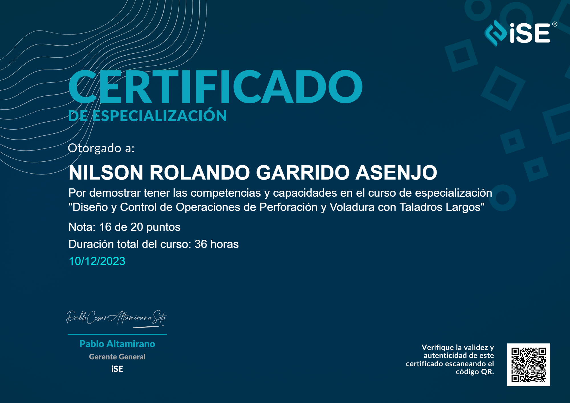Certificado Diseño y Control de Operaciones de Perforación y Voladura con Taladros Largos